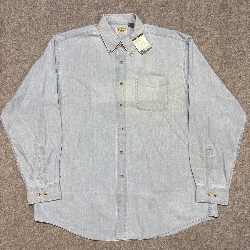LL Bean Easy Care Chambray Shirt Mens Large Blue Long Sleeve Button Down 0FWA2